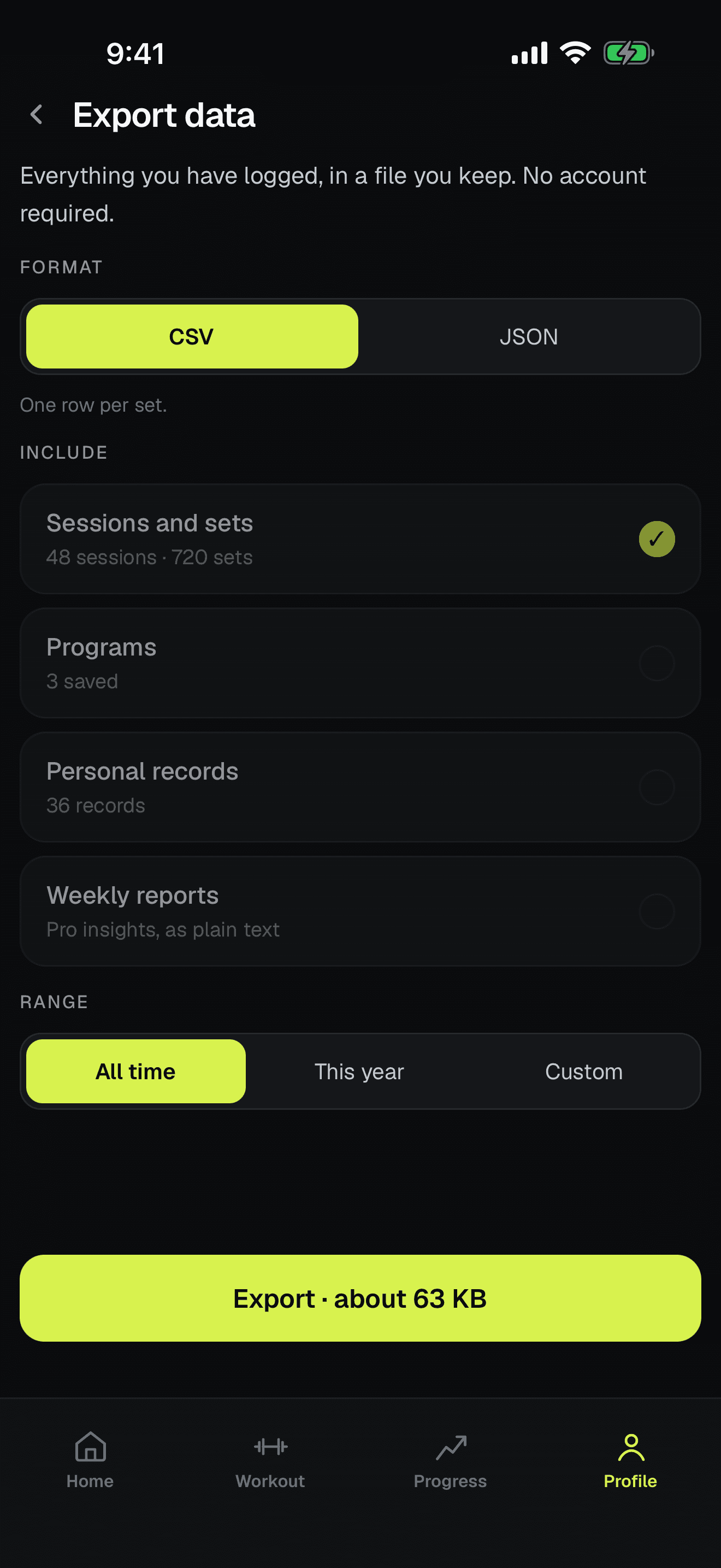 An export screen with CSV selected over JSON, captioned “One row per set.”, above an included row reading Sessions and sets — 48 sessions · 720 sets.